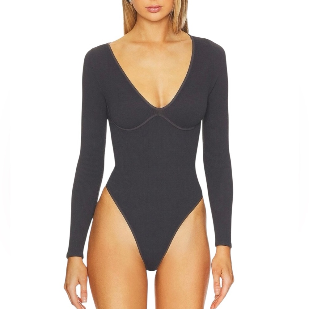 Free People Intimately Meg Seamless V Neck Bodysuit in Obsidian / Grey